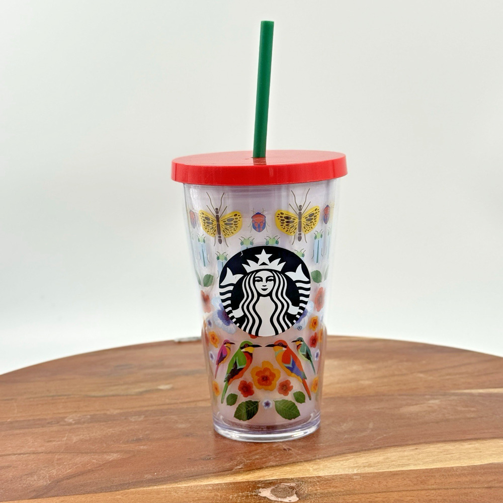 STARBUCKS 2017 Birds and Butterfly Floral Multi Color Plastic 16 oz Tumbler NEW!